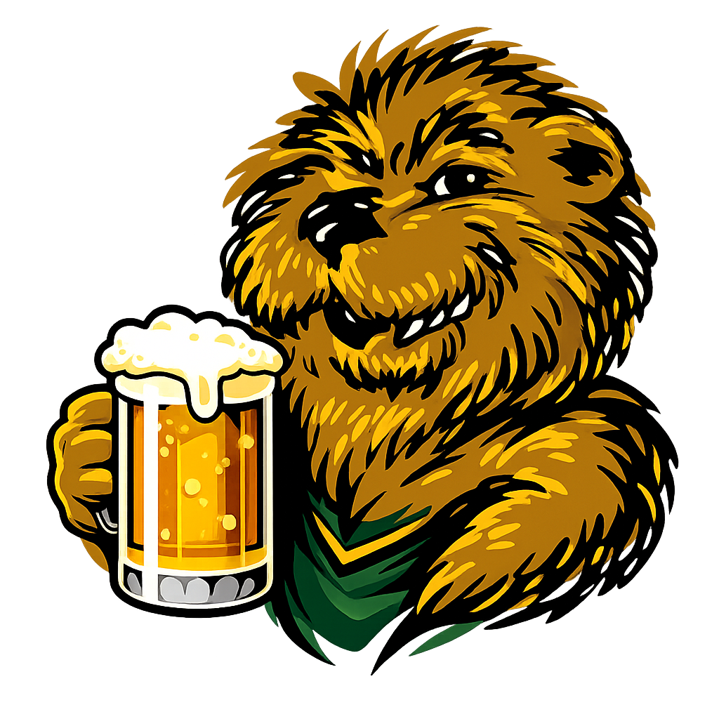 Bushy the Bushwood mascot holding a beer